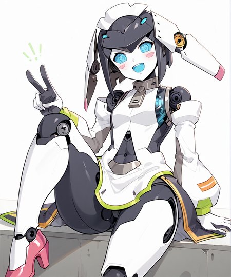 score_9,score_8_up,score_7_up,2D animation style,source_anime,anime screencap,rating_explicit,best quality,masterpiece,Japanese Anime Style,(solo),(1girl),smile,open mouth,Expressiveh,<lora:Expressive_H:0.7>,<lora:wf_dia_ponyxl:0.9>,dia (wolrd flipper),robot girl,humanoid robot,android,multicolored skin,colored sclera,blue sclera,blue eyes,colored tongue,((blue tongue)),blush sticker,headgear,joints,robot joints,white dress,detached sleeves,puffy sleeves,flat chest,zipper pull tab,covered navel,mechanical skirt,translucent,embarrass,shy,foot focus,sitting,from_below,pink shoes,robot legs,black hair,happy,
