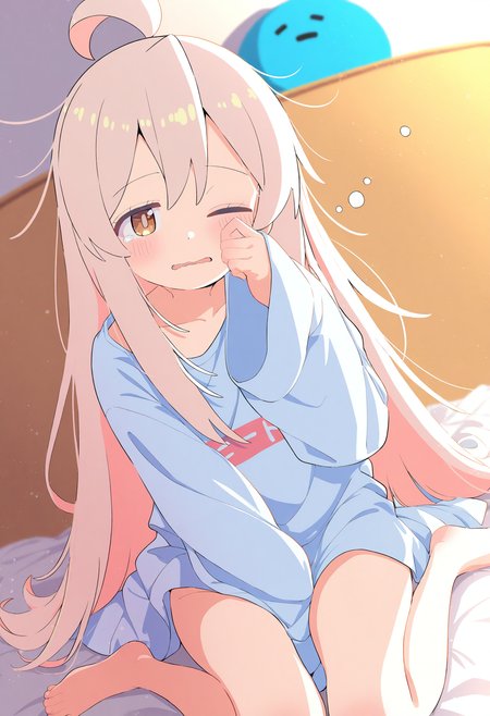 1girl,oyama mahiro,
solo,waking up,one eye closed,sitting,wariza,oversized clothes,stuffed toy,indoors,wavy mouth,long hair,very long hair,looking at viewer,barefoot,on bed,hand up,parted lips,rubbing eyes,ahoge,brown eye,bare legs,sleepy,pink hair,shirt,oversized shirt,bottomless,long sleeves,light brown hair,blush,sidelocks,messy hair,between legs,sleeves past wrists,
masterpiece,best quality,newest,highres,absurdres,<lora:Siro9_noobesp11_4-000015:1>,