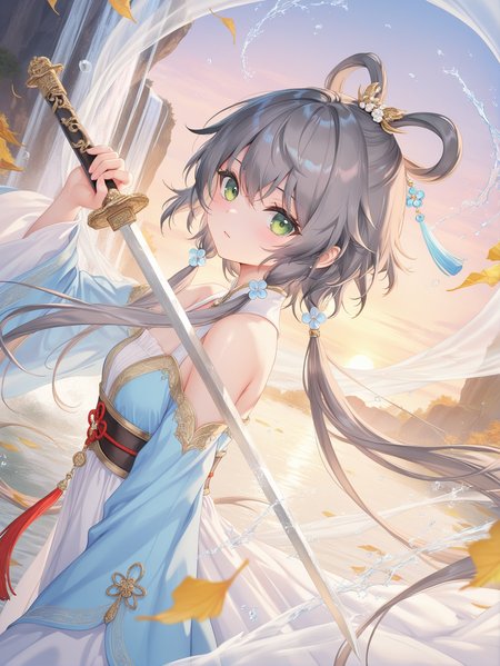 luo_tianyi,(artist:atdan:0.9),(artist:torino_aqua:0.8),(artist:izumi_tsubasu:0.9),(artist:kedama_milk:1.05),(artist:nardack:0.75),(artist:ke-ta:0.95),(artist:toosaka_asagi:0.7),(artist:sho_(sho_lwlw):0.8),(artist:as109:0.8),year 2024,
1girl,shiny skin,blush,holding sword,chinese sword,dynamic angle,(hanfu:1.1),chinese clothes,transparent clothes,tassel,chinese knot,bare shoulders,kanzashi,draped silk,gold trim,wind,bokeh,scattered leaves,flying splashes,waterfall,splashed water,looking at viewer,face focus,from side,sunrise,
ray tracing,dynamic lighting,refined rendering,depth of field,ambience sense,detailed light,extremely light,beautiful detailed lighting,perfect lighting,best shadow,detailed shadow,
,masterpiece,best quality,newest,