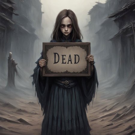 (((Ultra detailed, Megapixel))) 1girl, (((holding out a sign with a text "DEAD*LINK"))), by charlie bowater and dan mumford and trevor Brown, hands, terror, gloomy, dark, blank face, no face, wasteland background, no mouth, no eyes, long hair