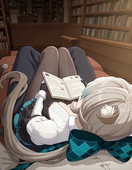 <lora:midis_PovOverShoulder_V.5[NAIXL-vPred]:1>, povovershoulder, lynette \(genshin impact\), reading at the library, cuddling, sitting on person,, masterpiece,best quality, very aesthetic,absurdres,newest,