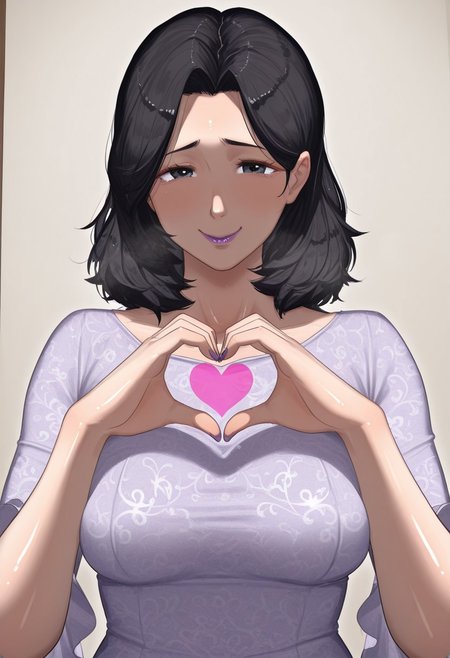 , 1girl, solo, medium build, medium hair, sfw, safe for work, covered skin, flowy dress,  black eyes, purple lipgloss, smiling, portrait, upper body, heart hands, mature female, foreshortening, detailed, newest, shiny skin, cowboy angle, solo focus, medium breasts,kikimihukuri