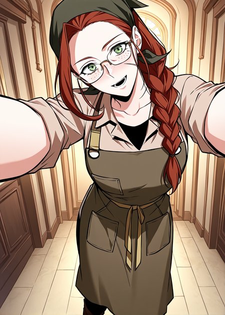 <lora:Eileen_Makefield__Omniscient_Readers_Viewpoint__Illustrious:1>
1 girl, solo, green eyes, red hair, brown hair, braid, single braid, long hair, freckles, head scarf, hair over shoulder, scar on face, braided ponytail,
black shirt, brown shirt, collared shirt, glasses, bandana, brown apron, collarbone, brown boots, sleeves rolled up, 
score_9, score_8_up, score_7_up, score_6_up, source_anime, rating_explicit, 1girl, solo, smile, embarrassed, alcalose eyes, open mouth, mansion, indoors, looking at viewer, outstretched arms, pov, close-up, (head tilt:1.2)