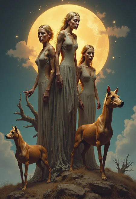 avant-garde fantasy, multi-figure composition, realistic
