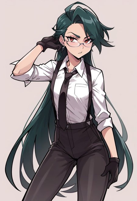 (score_9, score_8_up, score_7_up), (gorgeous, kawaii, cute, sexy, tall), 
BREAK
rika_\(pokemon\),highres,earrings,reverse_trap,flat_chest, small breasts,loose hair, very long hair, glasses, l,collared_shirt,suspenders,black_gloves,black_necktie,black_pants,grey_shirt,
BREAK
posing, standing