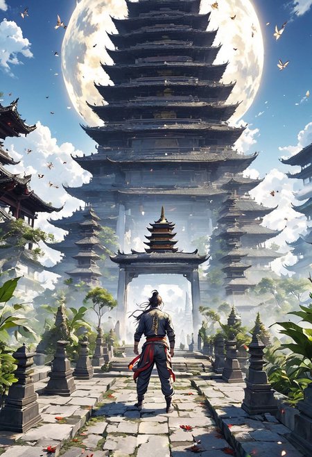 bug, sky, pagoda,temple,  torn pants, multiple boys, forehead mark, blurry, plant