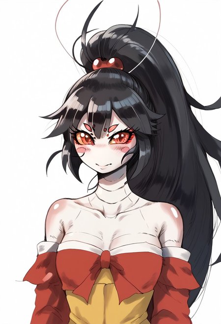score_9, score_8_up, score_7_up, source_anime, anime illustration, masterpiece, best quality, lots of details, BREAK zPDXLx, mur4k4mi-ip,doublesleever style,blade under mask,nae mantis,manits girl,1girl,arthropod girl,solo,black hair,red eyes,blush stickers,ponytail,monster girl,long hair,spider girl,bare shoulders,hair ornament