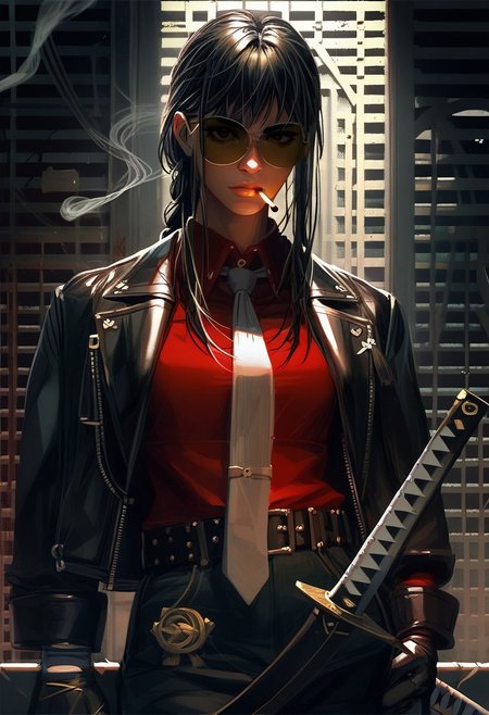 score_9, score_8_up, score_7_up, score_6_up, gwzs, detailed drawing, 1girl, cigarette, necktie, sword, shirt, holding cigarette, braid, solo, gloves, belt, tinted eyewear, katana, long hair, pants, sheathed, smoke, red shirt, white necktie, black hair, katana