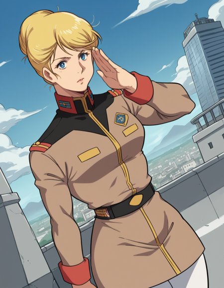 score_9, score_8_up, score_7_up, source_anime,
crowleyhamon, <lora:crowley-hamon-ova-ponyxl-lora-nochekaiser:0.7>,
crowley hamon, medium hair, blonde hair, blue eyes, hair over shoulder,
pantyhose, belt, uniform, military, military uniform, white pantyhose, hair bun, single hair bun,
outdoors, cityscape, salute, 
looking at viewer, cowboy shot, solo, dutch angle,