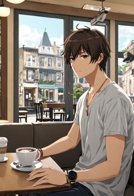 Highres, Masterpiece, High Quality, 4K, 8K, solo, 1Boy, Seiya Kanie, short dark brown hair, golden eyes,  cafe, corner cafe, room corner, corner room, hang out, tables, chairs, sofas, pillows, window views, comfortable, coffee cups, casual wear, small simple necklaces, bracelets, watches, easynegative, detailed_eye_model