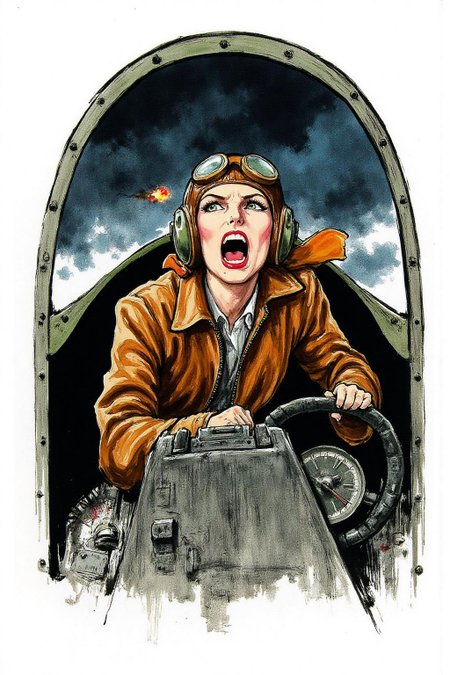 regr1 sketch A female pilot screaming inside the cockpit of a WWII bomber. The pilot, wearing a vintage leather flight helmet with goggles and a bomber jacket, grips the controls with white-knuckled hands. Her face is contorted in a mix of fear and determination as she yells, her eyes wide with adrenaline. The cockpit is cramped and filled with old-fashioned dials and gauges, with the outside view showing dark stormy clouds and distant anti-aircraft fire. 
background is stark white <lora:regr2_fashion_nocap_d6a3:1.0><lora:807703325106742784:0>