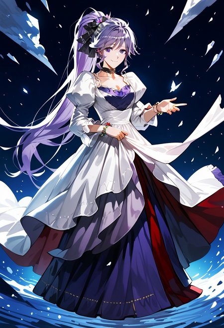 score_9_up, score_8_up, score_7_up, extreamly detailed, beautiful detailed face, complex detailed background, completely clothes, BREAK, 
ISHTAR (FIRE EMBLEM), ISHTAR THUNDER'S WALTZ,
1girl, solo, long hair, breasts, looking at viewer, smile, bangs, hair ornament, long sleeves, dress, holding, jewelry, medium breasts, closed mouth, standing, purple eyes, collarbone, full body, ponytail, purple hair, choker, puffy sleeves, shiny, shiny hair, bracelet, skirt hold, long dress