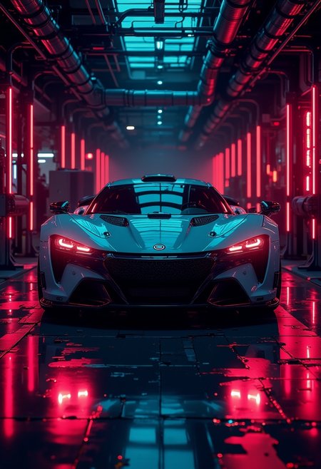 <lora:ck-nc-pastel-cyberpunk:1.2>, A digital artwork in the style of cknc, sleek futuristic car from front in a dark showroom. scene is only illuminated by the red diodes and LED front lights.