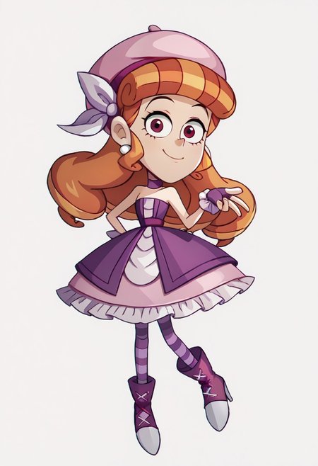 score_9, score_8_up, score_7_up BREAK TeoV, 1girl, orange hair, hair drills, red eyes, white pearl earrings, pink beret, lavender hair bow, purple choker, frilly purple fingerless gloves, open strapless purple fitted bodice jacket, purple belt, pink lavender layered dress, striped purple stockings, high-heeled purple boots, smiling at viewer, full body,