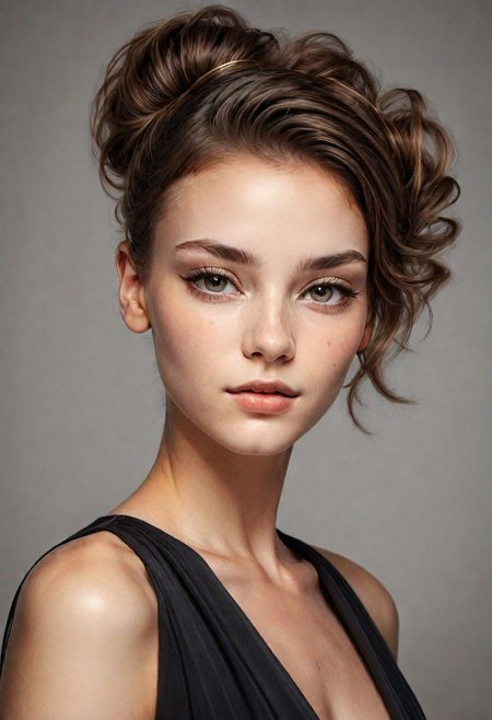 A detailed portrait of a young woman exuding elegance and natural grace. She has a voluminous updo hairstyle with wisps of hair tenderly framing her face. Her hazel eyes are accentuated by tasteful makeup, s. She wears a high-necked black top, suggesting a blend of casual refinement. The lighting should illuminate her face against a subdued background, emphasizing her calm and confident expression. High Fashion, dynamic, dramatic, elegant, High fashion supermodel, avant garde style
fFaceDetaile
