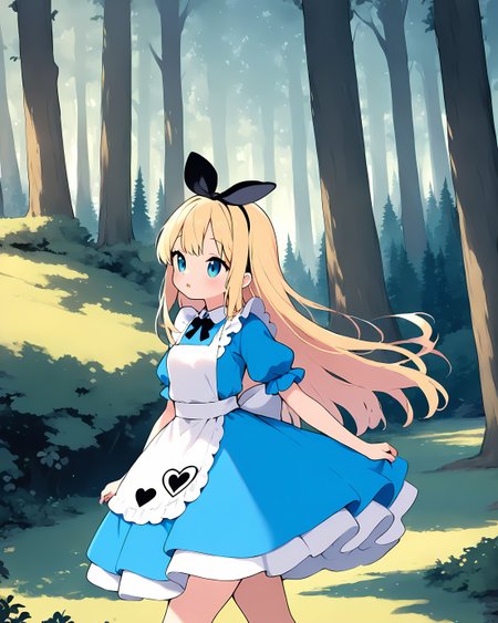 1girl, solo, cowboy shot, cute girl, alice (alice in wonderland), parted lips, walking, outdoors, forest, <lora:locute_noob11_v3_original:1>