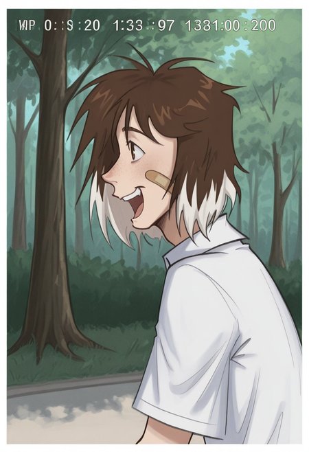 best quality, detailed face, detailed eyes, , , 
by vor sirkov 
best quality, detailed face, detailed eyes, , , 
by kp, wwdenslow
1boy, :d, bandaid, bandaid on cheek, bandaid on face, black hair, border, brown eyes, brown hair, collared shirt, day, english text, from side, hair ornament, male focus, multicolored hair, open mouth, outdoors, shirt, short hair, short sleeves, smile, solo, teeth, timestamp, tree, two-tone hair, upper body, white border, white hair, white shirt