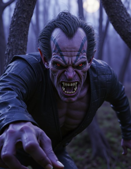 zavy-vmpr, Extreme close-up from a low angle, a wild-eyed feral vampire with tattered black leather skin and elongated fangs, snarling as he lunges forward, surrounded by dark, twisted trees in a moonlit, misty forest, captured in a gritty cinematic style with high contrast and sharp details, featuring a palette of deep purples, electric greens, and shadows of indigo.