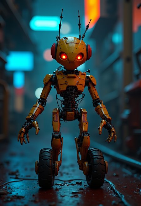 film noir style (photorealistic, UHD, shot on a Sony A7III, optimal photography, natural lighting:1.5)
image captures a scene of futuristic fantasy set against a dark backdrop with blurred lighting in hues of blue and orange. At the center of the frame is an alien robot, its body composed of a metallic brown color interspersed with yellow wiring and red accents.
The robot stands on two legs, each equipped with wheels at the bottom. Its arms are extended outwards, suggesting a welcoming or protective gesture. The robot's eyes glow in shades of orange, adding to its otherworldly appearance.
The head of the robot is large and cylindrical, topped with two antennas that reach upwards. A yellow mouth is visible on the front of the head, giving the robot an expressive countenance. 
Despite the fantastical elements, the image does not contain any discernible text or additional objects. The relative position of the robot to the background suggests it is in the foreground, drawing immediate attention.
Overall, the image presents a captivating scene from a futuristic world, embodied in the form of a humanoid robot standing against a colorful backdrop.
 . monochrome, high contrast, dramatic shadows, 1940s style, mysterious, cinematic