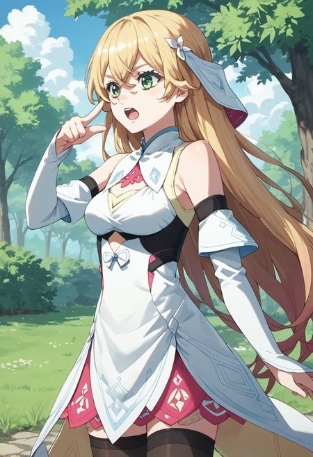 score_9, score_8_up, score_7_up, source_anime,rinne, long hair, blonde hair, green eyes, 1girl, solo, pointing, detached sleeves, open mouth, tree, thighhighs, dress