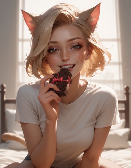 score_9, score_8_up, score_7_up, score_6_up, score_5_up, score_4_up,  catgirl, holding chocolate in front of her mouth, daytime, sunny, bedroom, alone, solo, woman in her 20s, happy, smile, beautiful face, short hair, blonde hair, freckles, white t-shirt