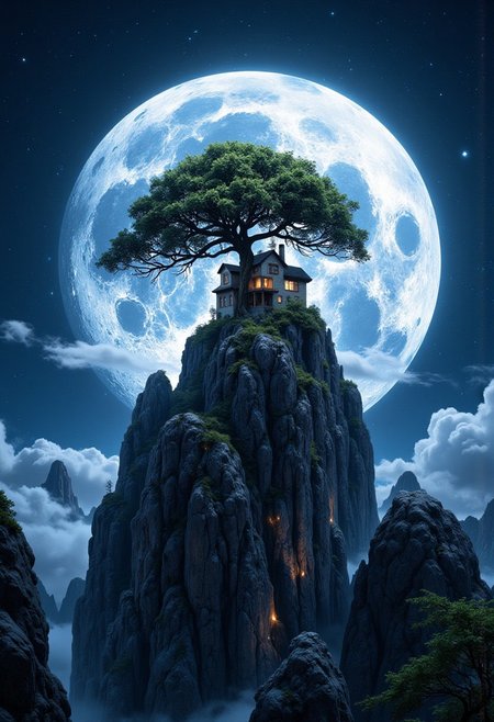 There is a house on a huge moon, a tree grows, mountains