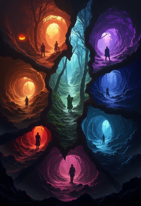 NewFantasyCore. 
Create an image divided into five shattered fragments, resembling pieces of a broken mirror, each depicting a different world. A solitary wanderer appears in every fragment, their form slightly altered to match the environment. 