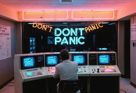 (bright big ControlRoom MiamiVice, grainy 35mm photo, people), consoles, screens, lights, neon lights, people, highly detailed, 4K, (((glowing neon sign "DONT PANIC")))