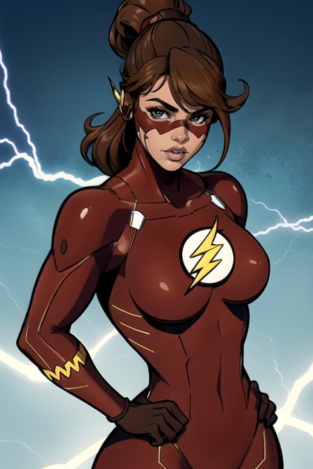 masterpiece,best quality,extreme detail,8k,image sharpness,<lora:flash-20:0.6>,flashwoman,1girl,solo,breasts,looking at viewer,brown hair,gloves,lips,bodysuit,mask,animification,upper body,standing pose,(curvy),electricity,