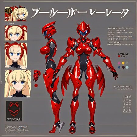 a girl wearing a red mech armor with a black leotard, thigh, blonde, twintail, blue eyes,  model sheet,  multiple views of the same character,model sheet,chatacter sheet