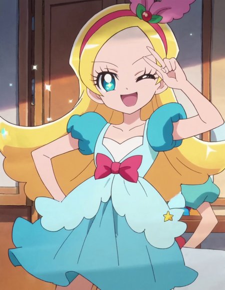 score_9, score_8_up, score_7_up, 1girl, solo, anime screencap, kiraboshiciel, one eye closed,  hairband, smile, open mouth, looking at viewer,  blue dress, hair ornament, ;d, puffy sleeves, skirt, zettai ryouiki,   cowboy shot,small breasts,<lora:kiraboshiciel:0.8>