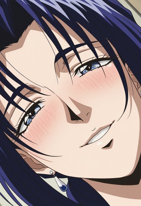 masterpiece, best quality, newest, highres, uncensored, 1girl, yokota mamoru style,1girl, slender face，motion lines,blush,looking at the viewers,torogao,seductive smile
Amou Miyuki OVA,Black Hair, Blue Hair, Curtained Hair, Parted in Middle, Ponytail, Waist Length Hair,Blue Eyes, Tareme Eyes,Big Breasts,
Slim solo, open eyes, earrings, jewelry, long hair, blush, close-up,, dutch angle, portrait,happy