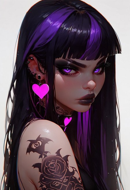score_9, score_8_up, score_7_up, goth girl, 1girl, solo, looking at viewer, long hair, bare shoulders, glowing heart choker, (black hair, purple hair, two-tone hair), tattoos, purple eyes, full pouty lips, makeup, white background whitespace, portrait, looking at viewer, unfinished art