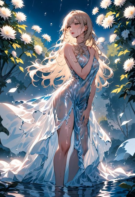 best quality, high resolution, 8k aesthetic, 
out of the sun rainstorm sunshine, 
A sea of ​​chrysanthemums. A girl wearing a blue lower body, beautiful eyes and stunning red lips. trees with white leaves rest in the background. the cloudy sky breaking to reveal the blue moon. rain is pouring across the landscape as heavy wind blows the white flowers that flood the ground. lightning strikes in the background directly  hyper realistic. Epic scene like a dream. Leaves are fluttering around the women.   As she stands on a river her dress made of beautifully detailed water. Beautiful masterpiece of art.. beautiful contrast of the light along the water which has an incredible reflection.tiptoeing. dress made of water on the female. high aspect ratio. beautiful composition. detailed textures.
