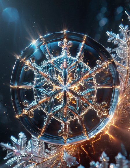 (high quality), (masterpiece), (detailed),8K, An award-winning glowing snowflake, encased in a perfectly transparent glass bubble, floats delicately within a surreal winter setting. Its intricate, symmetrical crystalline patterns radiate a mesmerizing, golden luminosity, blending warm hues of amber, peach, and soft rose that glow softly through the glass. The bubble is adorned with delicate frost patterns along its edges, reflecting and refracting the snowflake’s warm light, casting a magical aura on its surroundings. Encased within, the snowflake sparkles with fine detail, as if suspended in time, evoking feelings of joy, serenity, and wonder, captivating all who witness this breathtaking masterpiece, glowneon, geometric, GlowingInk