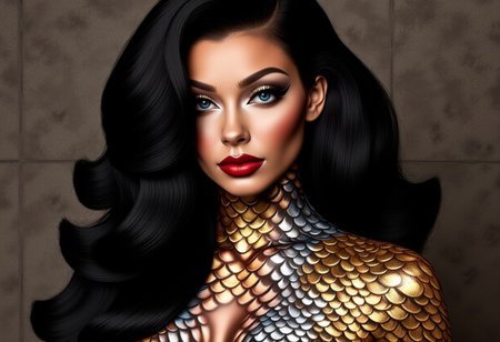 A striking close-up portrait of a woman with voluminous black hair cascading over her shoulder in luxurious waves, her skin adorned with intricate golden scales around her neck and shoulder, creating a mesmerizing dragon-like texture. Her makeup is bold and glamorous, featuring deep red lips, dramatic cat-eye eyeliner, and defined brows that enhance her piercing blue eyes. Set against a muted, textured wall, the golden scales and vibrant features stand out prominently. Lighting emphasizes her smooth, glowing skin and the fine details of the scales, adding depth and realism. This high-resolution fashion photograph captures a woman modeling a unique metallic jacket inspired by armor motifs, designed by Bryan Crump in The Crump Effect style. The jacket features intricate, scale-like metallic patterns in silver, copper, and gold, creating a layered, luminous armor effect. Set against a dark, minimalist background, chiaroscuro lighting enhances the textures, perfect for Vogue or Harper’s Bazaar. A CGI portrait with a dramatic, heart-shaped face, expressive blue eyes, and bold, glossy red lips. Fashion piece by visionary designer Bryan Crump, creator of The Crump Effect, part of his collection, showcasing intricate, airbrushed artistry in a fusion of high-fashion and otherworldly art.