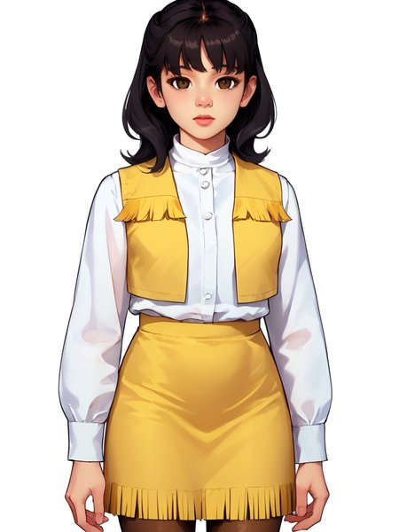 score_9, score_8_up, score_7_up, 1girl, solo,<lora:100_shaider_annie_pdxl:1> 1girl, solo, annie_shaider, anncost2, black hair, shoulder length hair, bangs, brown eyes, Japanese woman, white standing collar shirt, yellow vest with fringe, yellow fringed skirt, pantyhose, standing, empty background, white background, looking at viewer, close up view, source_explicit, mind controlled, zombified, empty eyes, blank stare, at attention