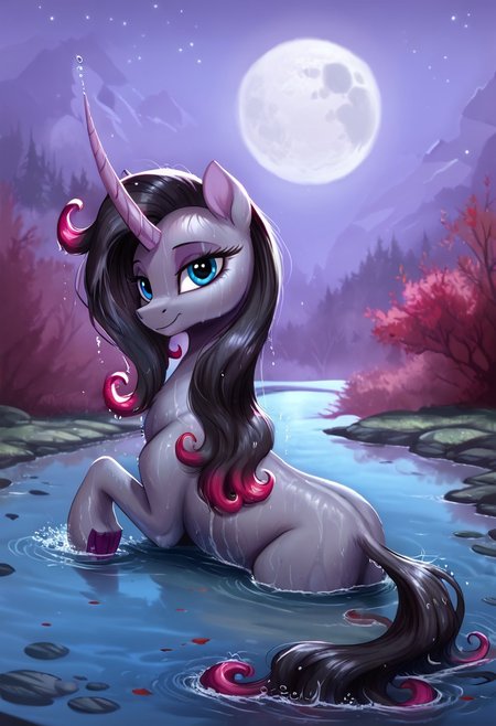 score_9, score_8_up, score_7_up, score_6_up, score_5_up, score_4_up, rating_questionable, body, , female, pony, solo, solo female, bathing, beautiful, bedroom eyes, bridge, cute, lake, looking at you, looking back, moon, night, water, wet, sweet dreams fuel, praise the moon, lunabetes, swanluna, smiling, spread wings, cottagecore, g4, detailed, beautiful, <lora:Wholesome-MLP-v1.4b:1>, unicorn, [long horn], black tail, solo,female, feral, gray fur, black hair with pink tips, blue eyes, purple hooves, Oleander TFH