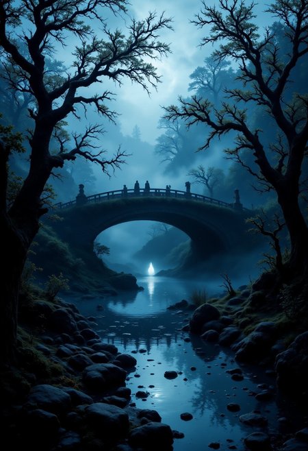 A haunted bridge spanning a misty river, with ghostly figures drifting across the water and glowing lanterns flickering in the fog.
  , aidmaHalloweenBoost, aidmafluxpro1.1, aidmaimageupgrader, aidmaHyperrealism