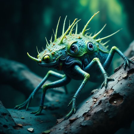 famous masterwork, intricately detailed fantasy oil painting, epic composition, detailed background, chiaroscuro, award-winning macro photo, (short depth of field:1.2), the (diminutive:1.4) "slender thundersmoggler" is a (colorful:1.3) grotesque and unearthly life form  that dwells in the anderful canopies and bordyleggered zoodlecrunch of the exotic alien world "parblesnops", where they harvest pizzled xodder and (floating particles:1.3) for sustenance, (dappled sunlight:1.1), rim lighting, teal and electric blue and emerald green and mint green, mythp0rt <lora:image_enhancer-flux-by_dever:1.0> <lora:style-velvet's_mythic_fantasy-flux-by_velvets:0.52>