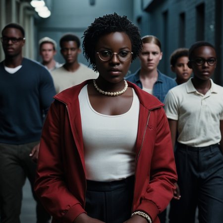 cinematic film still of cinematic film still of  <lora:add-detail-xl:1>0
<lora:detailed:0.3>
<lora:perfection style:0.3>
<lora:xl_more_art-full_v1:0.3>
 <lora:us 2019 film style:1>
a group of people standing next to each other,1girl,looking at viewer,short hair,shirt,black hair,long sleeves,dress,holding,jewelry,closed mouth,jacket,multiple boys,glasses,pants,dark skin,2boys,white dress,bracelet,mask,holding hands,dark-skinned male,red jacket,very dark skin , sharp, detailed, epic photography, artistic, dramatic light, cinematic style, horror film style, blaxploitation style, us 2019 film style, shallow depth of field, vignette, highly detailed, high budget, bokeh, cinemascope, moody, epic, gorgeous, film grain, grainy