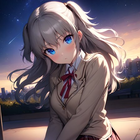 (masterpiece),(best quality),(ultra-detailed),(best illustration),(best shadow),(absurdres),(detailed background),(very aesthetic), nao_tomori, 1girl, solo, long hair, school uniform, blue eyes, skirt, sky, two side up, looking at viewer, starry sky, star (sky),  <lora:XL-NaoTomori:1>