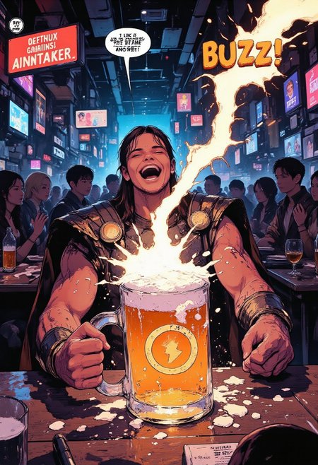 A dynamic, high-energy comic-book style splash page depicting Thor, the God of Thunder, in a lively and humorous scene. Thor is sitting at a table in a bustling, futuristic space cantina, surrounded by alien patrons and glowing neon lights. With a wide grin and a boisterous laugh, he smashes a large, frothy mug of alien ale onto the ground, shouting, "I LIKE THIS DRINK! ANOTHER!" The mug has a lightning bolt symbol on it. The mug shatters into pieces, and a lightning bolt shape erupts from the impact, crackling with energy and spelling out the word "BUZZ".
Thor's muscular frame is clad in his classic battle-worn armor. His magical hammer Mjolnir rests casually on the table. The cantina is filled with quirky alien characters, some cheering, others ducking for cover from the flying shards of the mug.
The art style is inspired by classic Marvel comics, with bold linework, vibrant colors, and dynamic shading. The overall tone is epic, humorous, and action-packed.
DB4RZ, DB4RZ style painting, aidmafluxproultra, in the style of cksc, anime, cyberpunk