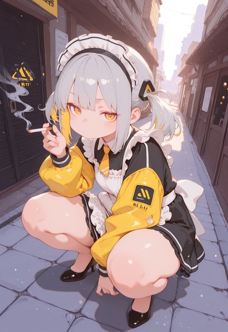 masterpiece, best quality, 

1girl, solo, mature woman, 
grey hair, long twintails, hair ornament, thick thighs, colored inner hair, flat chest,chubby, ((chubby thick legs)), no socks,

smoking cigarette, 

slav_squatting, squatting, 
dynamic view, sun rays, colorful, yellow adidas hazard jacket, maid apron,
black victorian long maid dress, pumps, 
looking at viewer, focus on face, dutch angle, from above,

city alley, (fisheye lens), depth of field, bokeh, bloom, action shot, backlighting, 

S4bit4mago_illu, detailed, h4ra_illu, momosp,

