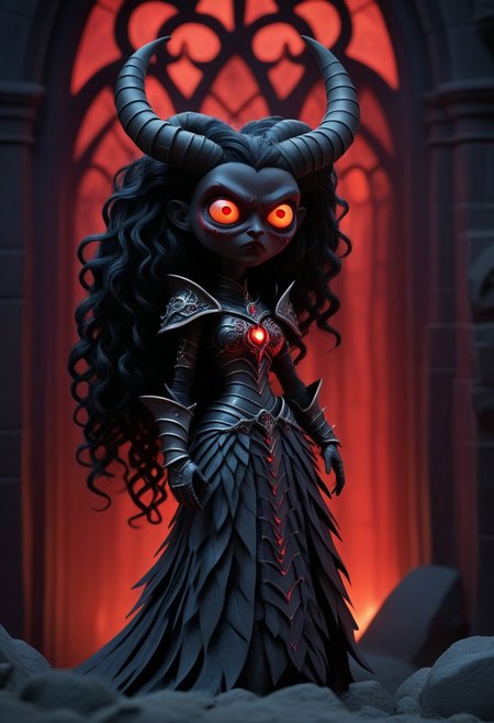 novuschroma51 style claymation,
a archdemon lilith in beautiful but horrific black full plate armor in a satanic cathedral bathed in demonic glow at night, red translucent skin, full body armor, glowing red eyes, extremely long curly black hair with red glowing streaks