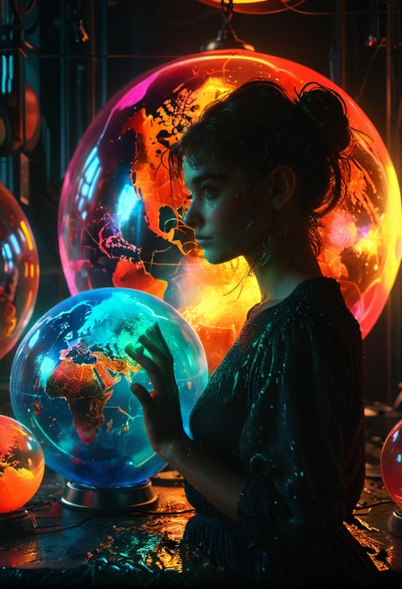 <lora:Lost_In_Dreams:0.75>,bold bright colored globes glow to light a dark space around a beautiful young woman,atmospheric,dramatic, glow effects, godrays, Hand drawn, render, 8k, octane render, cinema 4d, blender, dark, atmospheric 4k ultra detailed, cinematic, Sharp focus, big depth of field, Masterpiece, colors, 3d octane render, 4k, concept art, trending on artstation, hyperrealistic, Vivid colors, extremely detailed CG unity 8k wallpaper, trending on CGSociety, Intricate, High Detail, dramatic