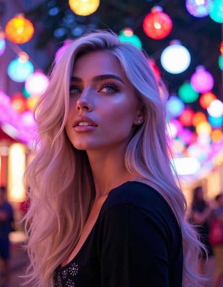 "A hyperrealistic upper-body shot of a woman gazing upwards, her platinum hair cascading in soft waves over her black top. Her lips are slightly parted in awe, and her luminous blue eyes capture the scattered brilliance of the colorful starry lights in the background. Each strand of her hair catches the vibrant tones of the setting sun and glowing ornaments, creating a harmonious blend of warm and cool colors. Her black top is detailed with subtle fabric texture, while the multicolored ornaments behind her cast dynamic light patterns that illuminate her figure and add a celestial atmosphere."
 <lora:realism_lora_comfy_flux_converted:0.5> <lora:Better_Looking_Women_MR_FLUX:0.6>
