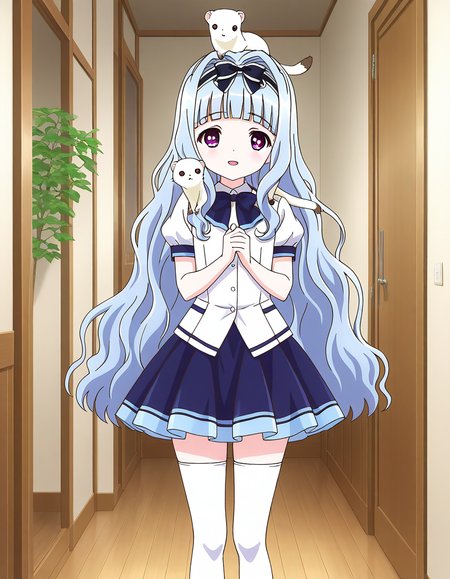 general,highres, ultra-detailed,very aesthetic,best quality ,best hands,  BREAK <lora:Watayuki_BP_IS:1>Watayuki(BP), 1girl,solo, hairband, very long hair, hair bow, purple eyes,  hair intakes, light blue hair, blunt bangs, wavy hair,
thighhighs, school uniform, skirt, white thighhighs, bow, zettai ryouiki, ribbon, blue skirt, light smile,
short sleeves, shirt, open mouth,  white shirt, puffy sleeves, looking at viewer, miniskirt,
three animals,  white_ferret,  animal on shoulder, on head, 
home in the room, flooring, plant,