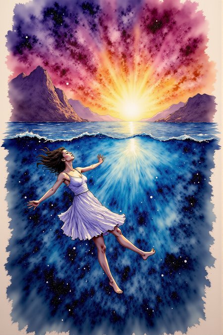 <lora:Vibrant_watercolor_v.22:0.9>   Watercolor sketch style.  Vibrant and sharp style. "The Celestial Diver – Free-Falling into a Cosmic Ocean".