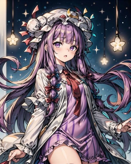 <lora:Patchi V1:1>, 1girl, solo, Patchi, Patchouli Knowledge, purple hair, purple eyes, cowboy shot, blunt bangs, frills, mob cap, striped dress, vertical stripes, magic, starry sky, sparks, <lora:add_detail:1>,  masterpiece, best quality, <lyco:GoodHands-beta2:1.0>